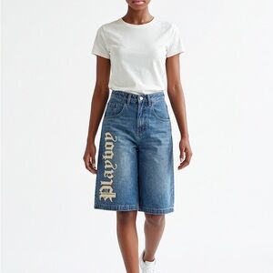 PLAYBOY Blue Denim Bermuda long pocket jort  Shorts with Cream Script